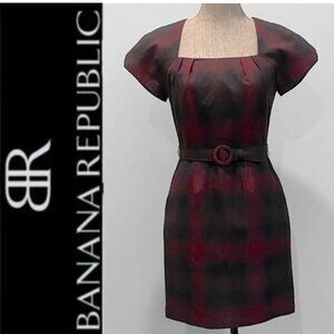 Banana Republic Size 4 Black Red Plaid Mini Dress 60s Mod Belted